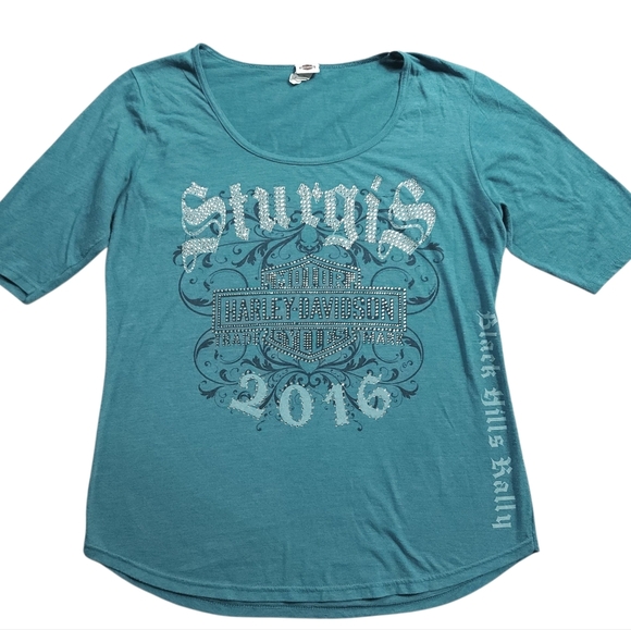 2010s Harley Davidson Sturgis Bling Rhinestone Biker Shirt Sz L - Picture 1 of 4